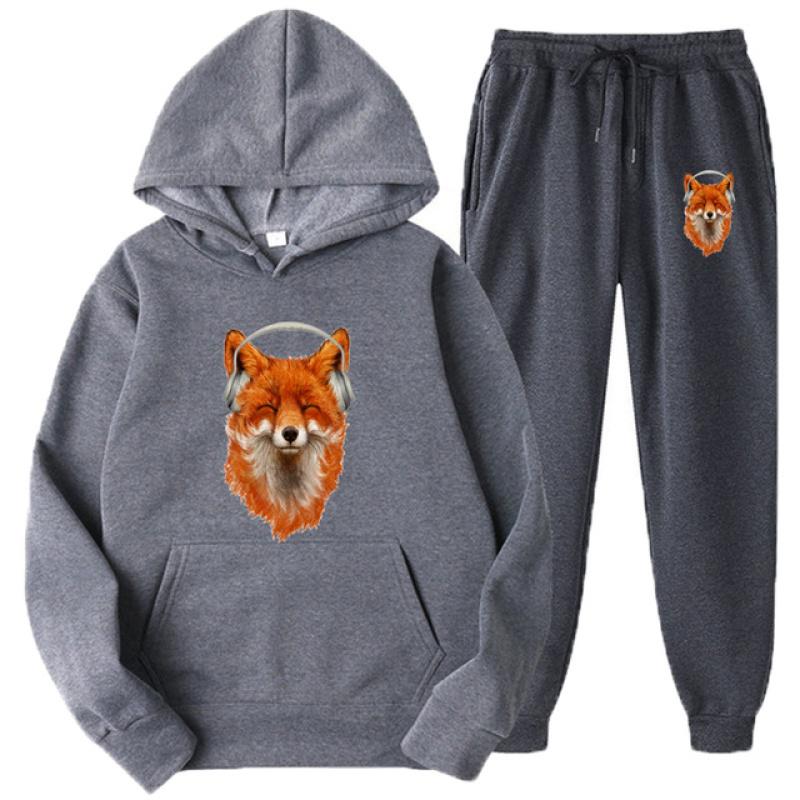 Cute Smiling Musical Fox Print Men Women Tracksuit Sets Casual Hoodie+Pants 2pcs Sets Oversized Pullover Fashion Unisex Clothing