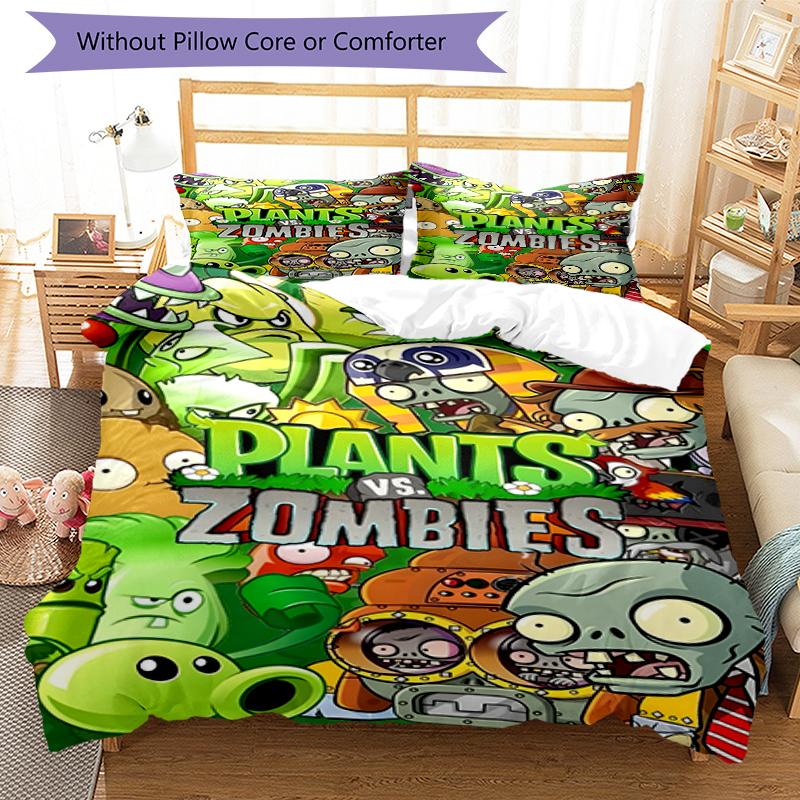 3pcs Plants Vs. Zombies Pattern Bedding Set Duvet Cover Set Includes Duvet Cover &pillowcases, Perfect All Season Bedroom Decoration & Gift