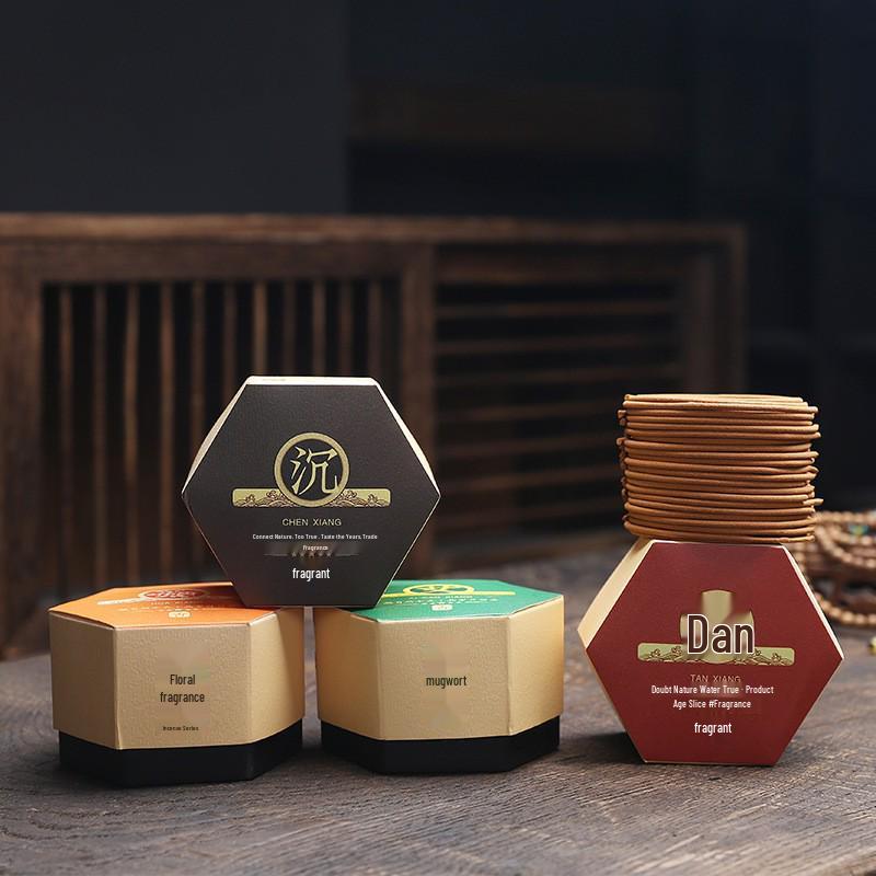 Hexagonal Sandalwood & Agarwood Coil Incense with Burner Box - Long-lasting Fragrance Mugwort Hexagonal Box - 40 Coils
