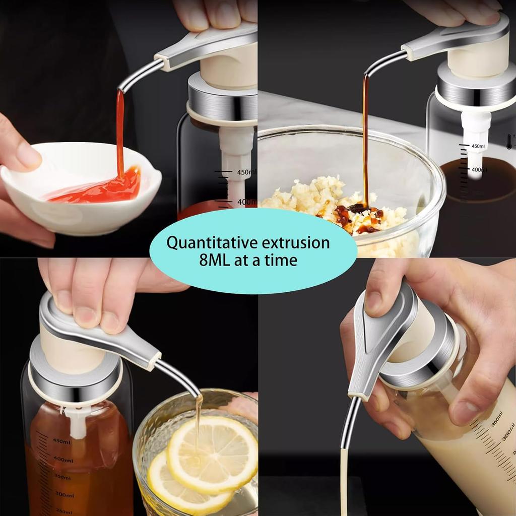Sauce Pump Dispensers, Coffee Syrup Dispenser, 4 x 500ml Glass Bottle with Stainless Steel Pumps, Leak-Proof, Food Grade Pumps for Honey, Syrups, Oil,