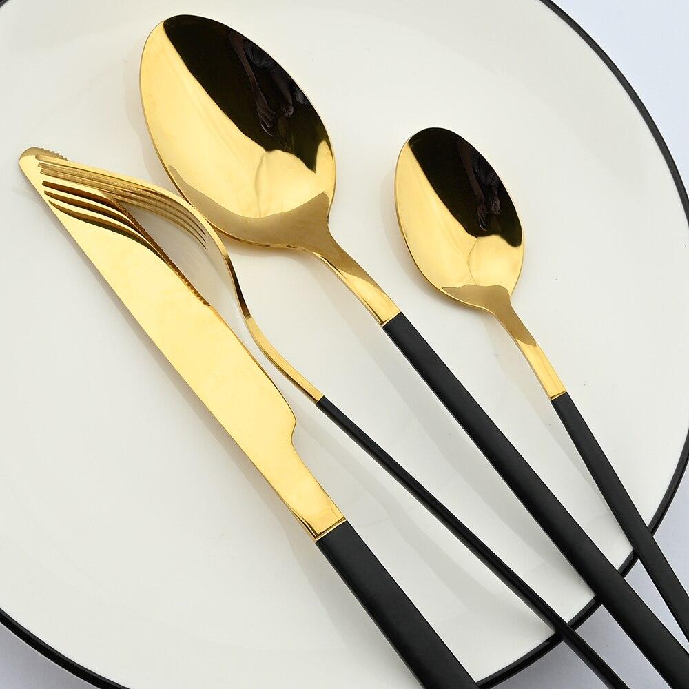 5Pcs Dinnerware Set Stainless Steel Tableware Set Knife Fork Spoon Dinner Set Black Gold Cutlery Set Kitchen Service for 6