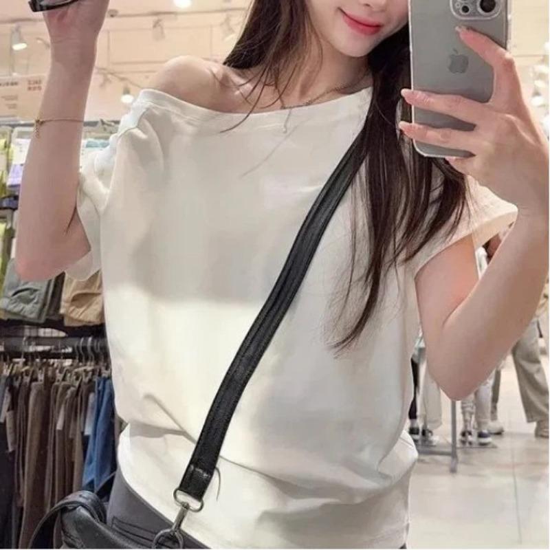 New Black One Shoulder Short Sleeve T-Shirt Women's Summer Pure Desire Loose Chic Top
