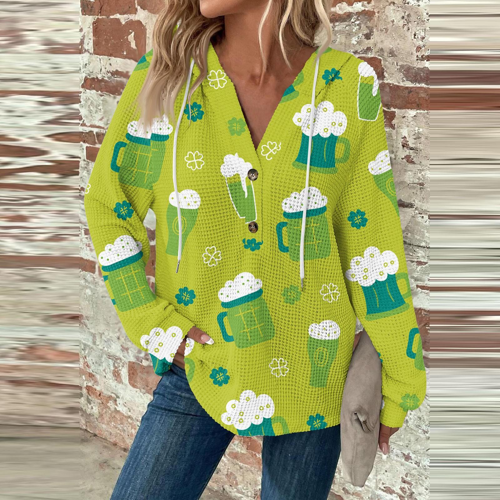 

Women s Casual Long Sleeve Button V-Neck St. Patrick s Print Drawstring Hooded Top XL жовтий