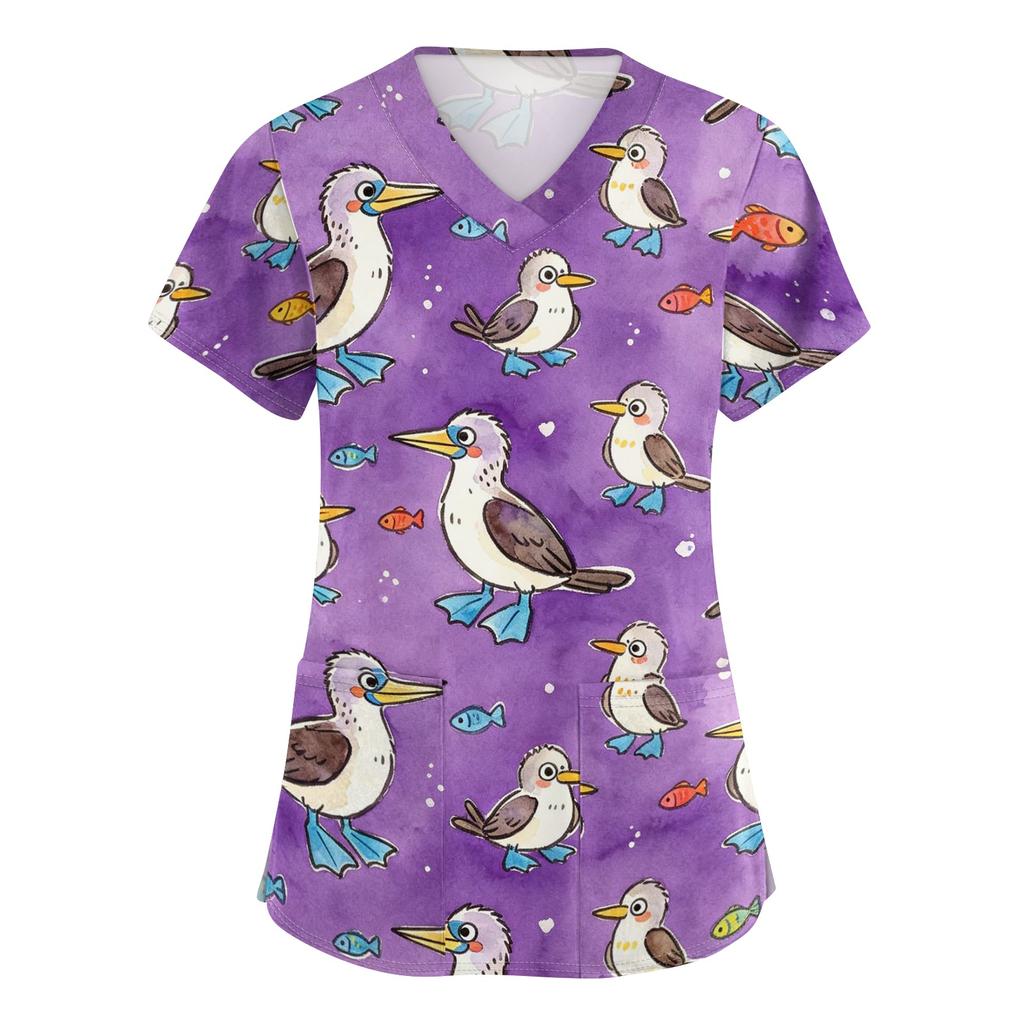 Womens V Neck Short Sleeve Work Shirt with Pockets Animal Print Top Medical Uniform Scrub Tee for Healthcare Professionals