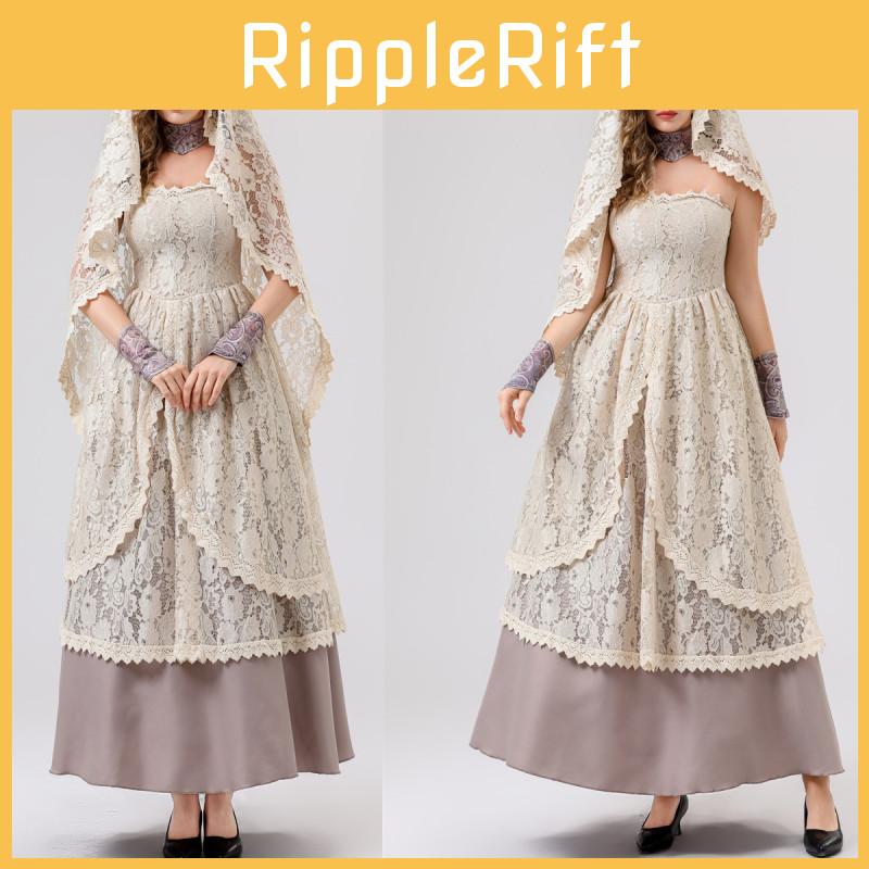 Chic Lace Long Gown With Hood And Accessories For Halloween Female Costume