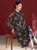 100% Mulberry Silk Long Sleeve Pleated Midi Dress for Women - Printed Slimming Style