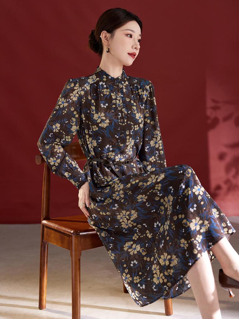 100% Mulberry Silk Long Sleeve Pleated Midi Dress for Women - Printed Slimming Style