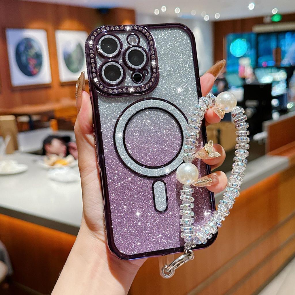 Side drill gradual change glitter magnetic mobile phone case for Apple 16E trend 15PROMAX pearl bracelet 11/12