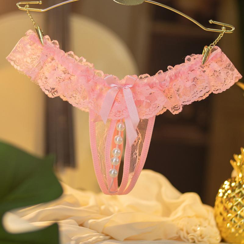 Plus Size Lace Panties Women Sexy Transparent Underwear Pearl Massage Culotte Femme Open Crotch Thongs For Sex Products