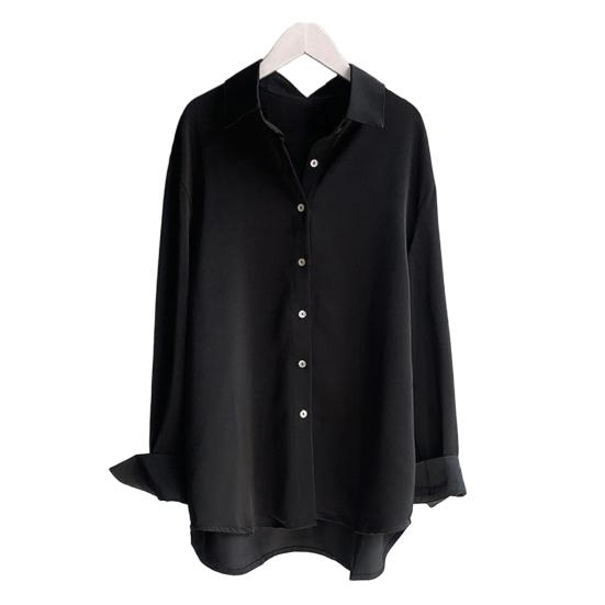 Women Shirt Lapel Long Sleeve Buttons Placket Casual Shirt Solid Color Commuter