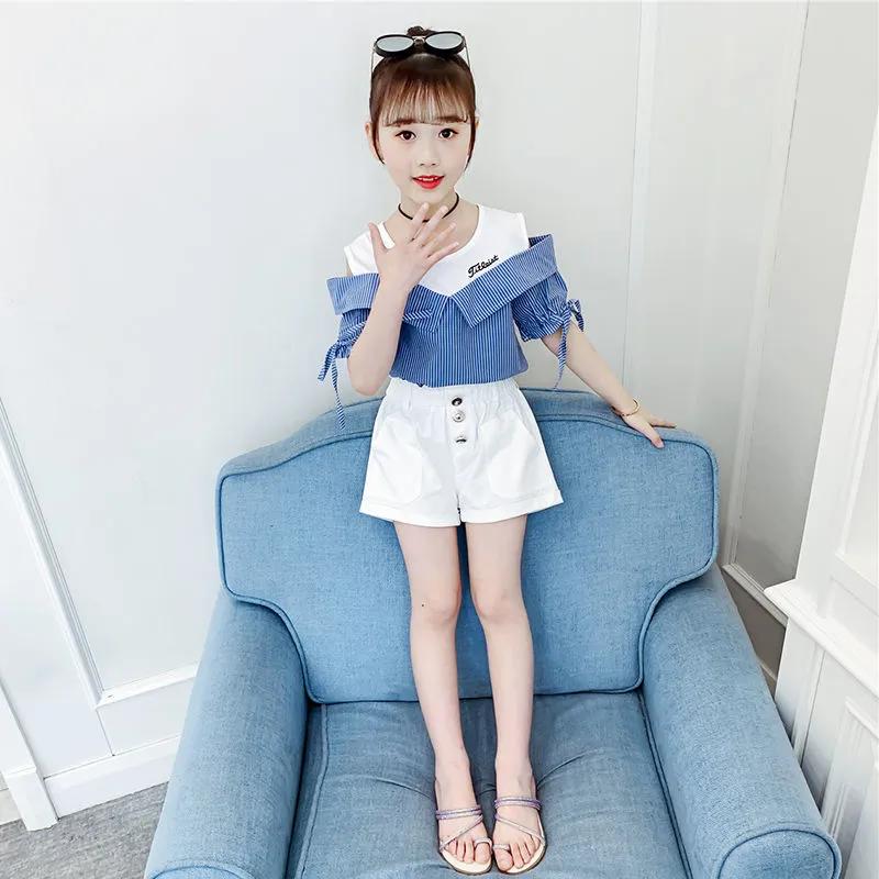 Girls Summer Fresh Suit Striped Strapless Short Sleeve Tops + Shorts 2 Piece Set
