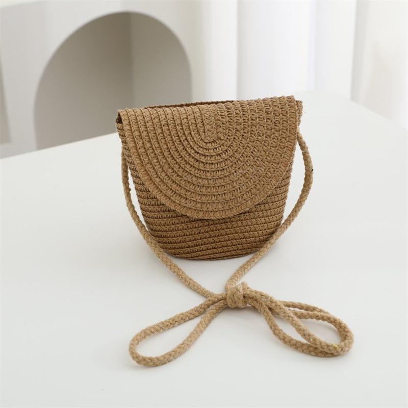 Summer Solid Color Straw Bag Shoulder Messenger Round Bag Children Versatile Outing Beach Bag Light Board DIY Round Weaving