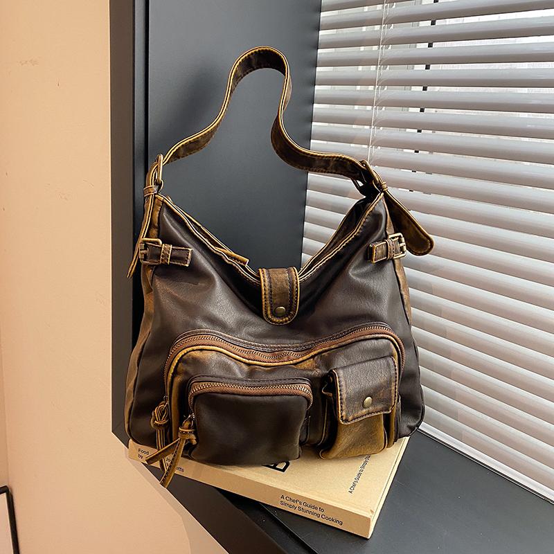 Women's Fashion Washed Old Spice Girl Locomotive Bag Multi-pocket Japanese and Korean Trend Shoulder Bag