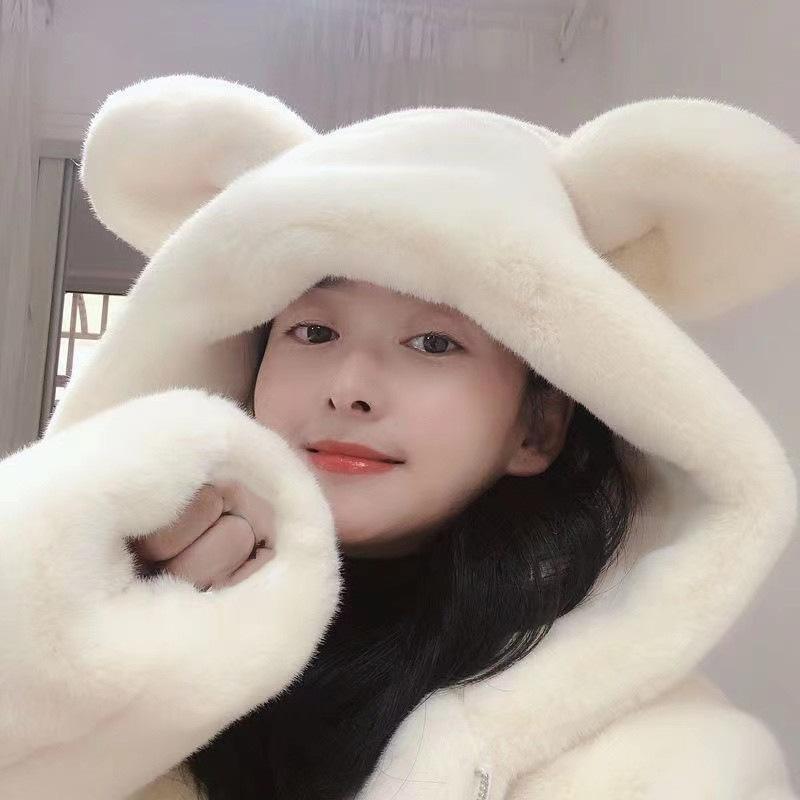 Women's Hooded Long Sleeve Plush Top Loose Fit Lazy Style Bear Ear Hoodie 2026 Winter Solid Color Fleece Warm Outerwear