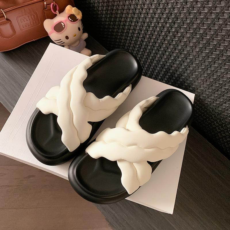 Thick-bottomed Cross-strapped One-word Cool Slippers Women's Summer Versatile Comfortable Soft-bottomed Non-slip Beach Bread Cool Slippers