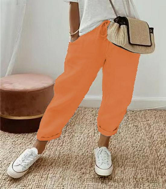 2024 European & American Style Print Cotton Linen Casual Pocket Long Pants