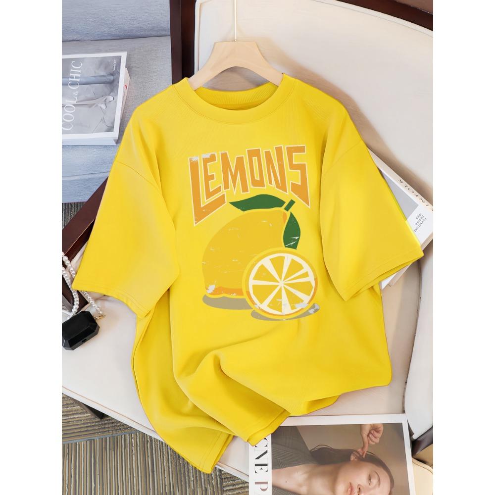 Taze Limon Meyvesi Baskılı Kadın Tişörtü Günlük Bol Kesim Tişörtler Nefes Alabilen Pamuk Kısa Kollu Rahat O Yaka Üstler