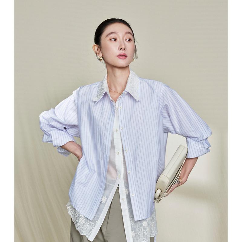 

Spring Summer New Casual Imitation Cotton Striped Stitching Embroidered Fake Two-piece Shirt Lapel for Women L синій