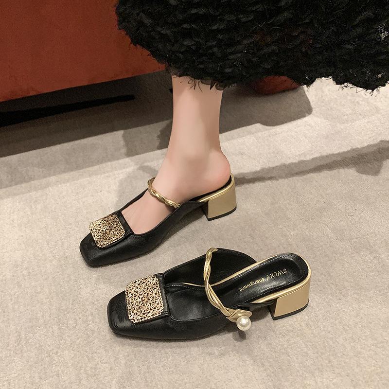 Baotou Half Slippers Women with Spring and Summer Chinese Mary Jane Slippers Rear Empty Thick Heels Cool Slippers Women