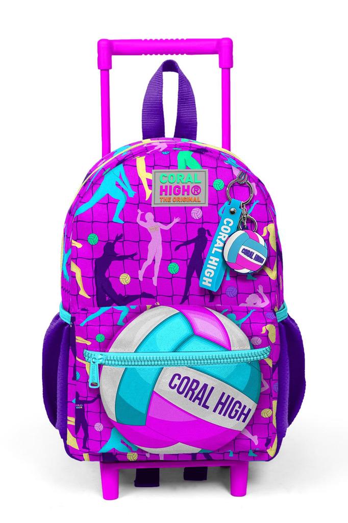 Minik Yuva Cestovní batoh s kolečky Růžovo-fialový s volejbalovým vzorem Dvoukomorový 24061