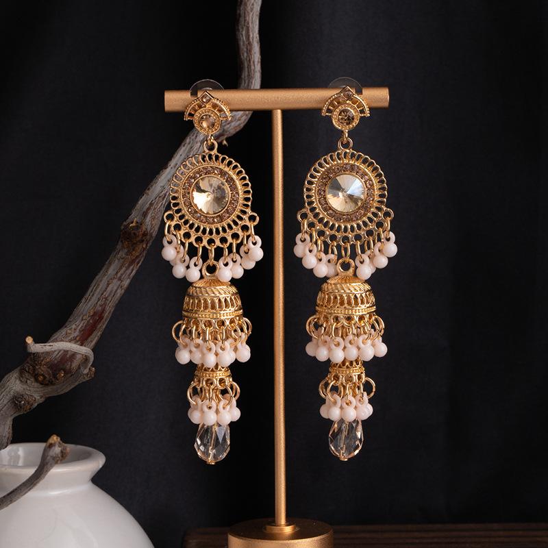 Bohemian Ethnic Style Earrings Retro Carved Long Fringed Earrings With Diamonds And Water Droplets Light Luxury Premium Earrings