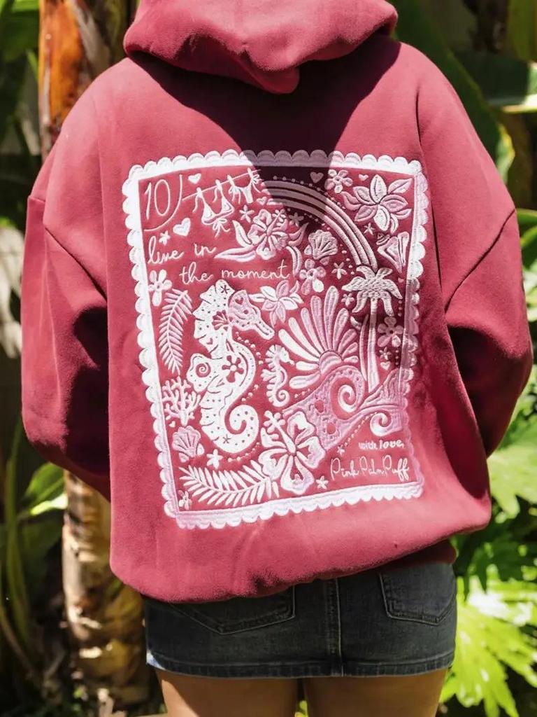 New Pink Palm Print Drop-Shoulder Long-Sleeve Hooded Sweatshirt
