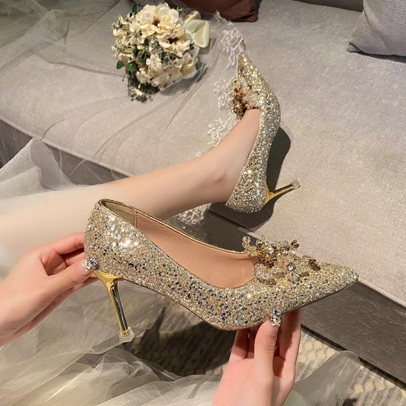 Champagne Gold Two in One Thin High-heeled Bridal Wedding Shoes Crystal Shoes Wedding Dress High Heels Women's Pumps