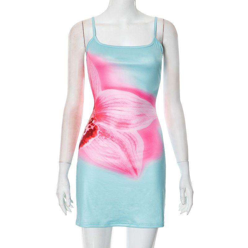 

Outfitgirl Basic Flattering Slip Dress Large Flower Print Sexy Silm Small Street Skirt Blue S