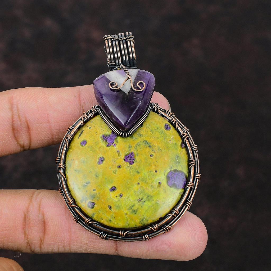 Stichtite Pendant Copper Wire Wrapped Pendant Handmade Jewelry Dainty Gemstone Pendant Chevron Amethyst Copper Wire Jewelry Wrapping Pendant