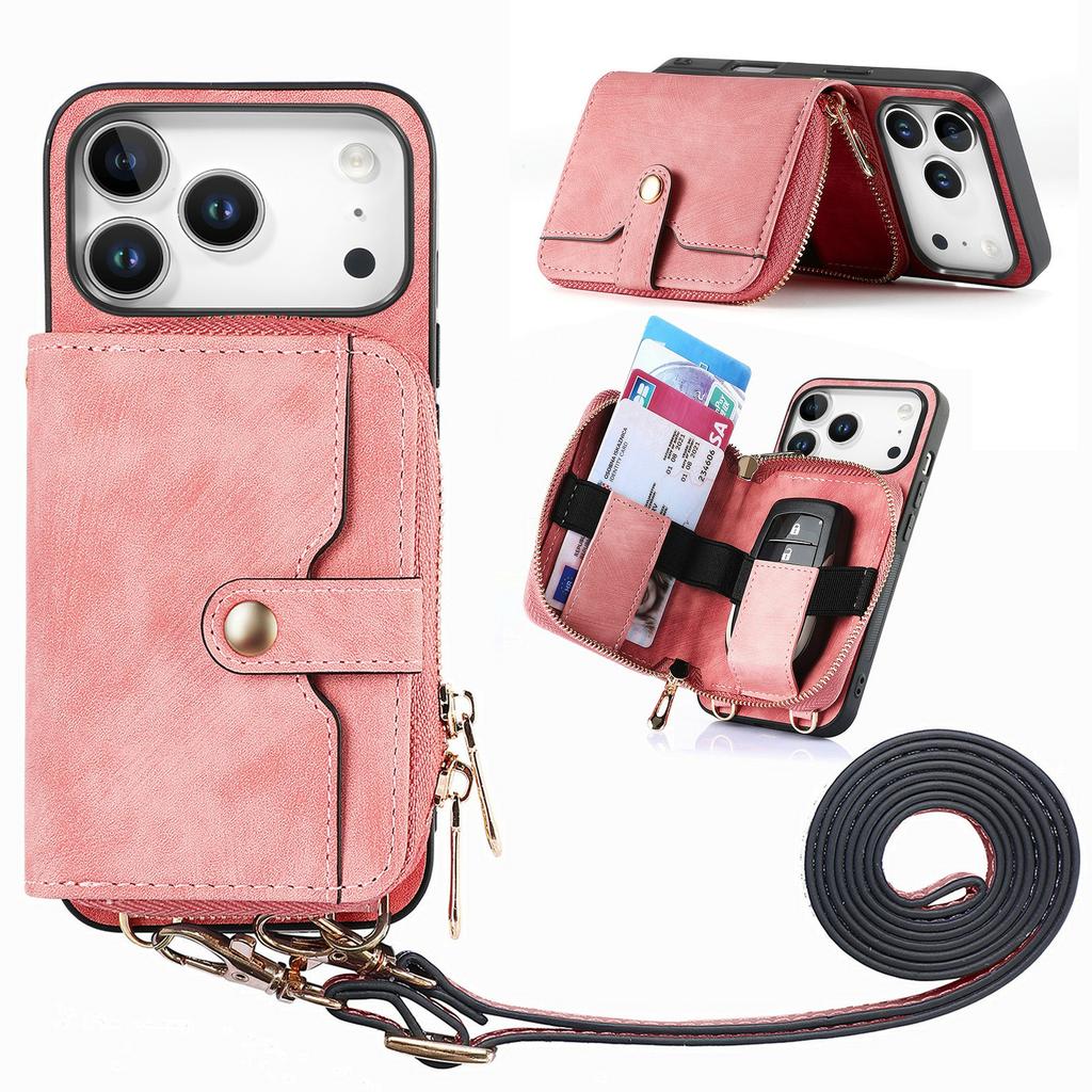 For iPhone 17 Pro Max PU Leather Phone Back Cover with Zipper Card Holder and Long Strap
