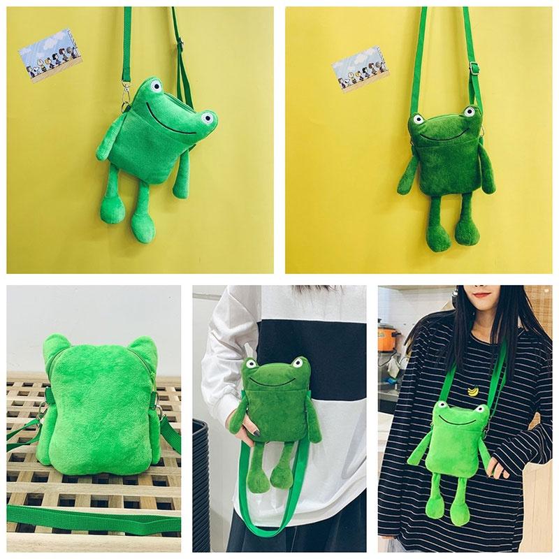 Cute Green Frog Plush Shoulder Bag For Women Cartoon Character Crossbody Purse With Zipper Closure