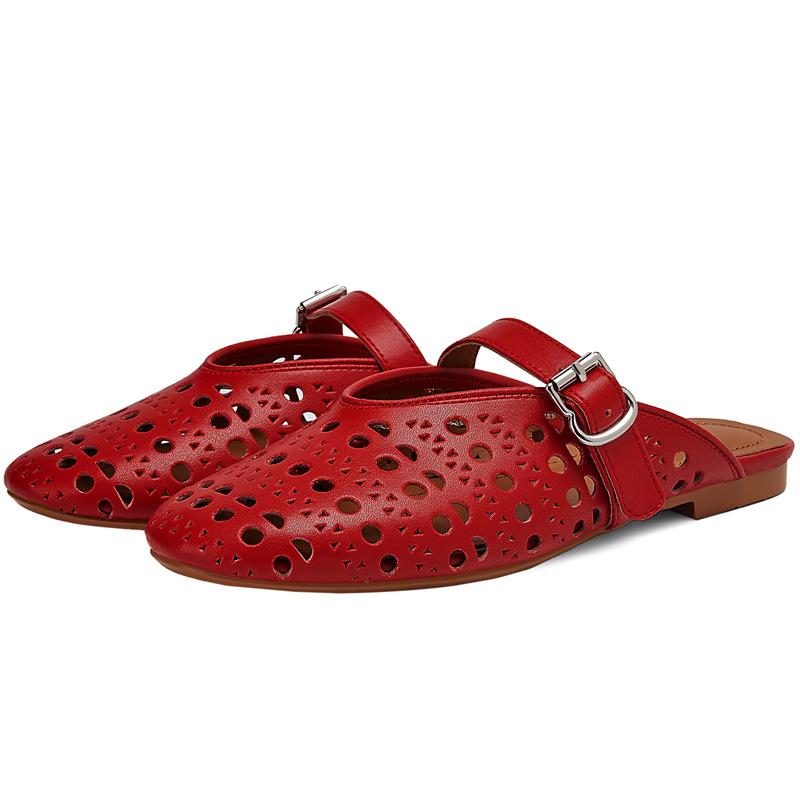 

Fashion Summer Belt Buckle Hollow Out Flat Bottom Slippers Comfortable Women Low Heel Commuting Student Shoes Geometric Pattern sandals 44