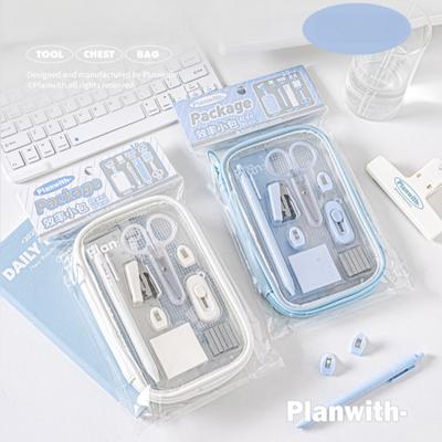 Mini Student Stationary Set for Kids Simplicity Blue White Color Pen Ruler Stapler Scissors Knife Set School Supplies Practical
