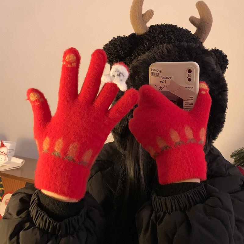 Cute Red Knitted Gloves for Women In Autumn and Winter with Velvet Fingers To Keep Warm for Students While Riding Windproof and Coldproof