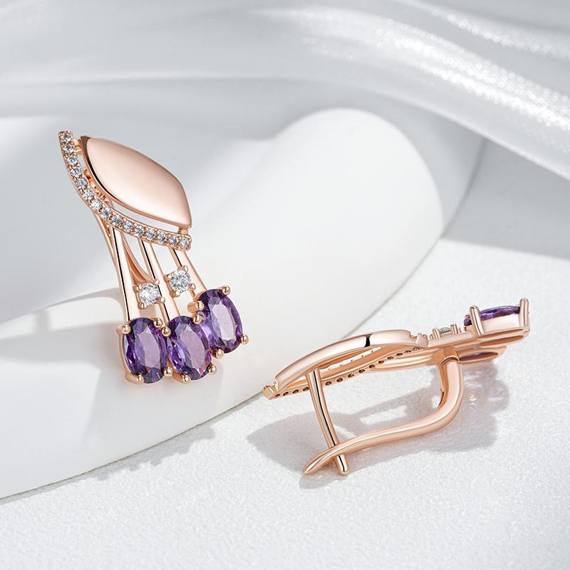 Shiny Purple Natural Zircon English Earrings For Women Fashion  Rose Gold Color Crystal Flower Daily Fine Jewelry