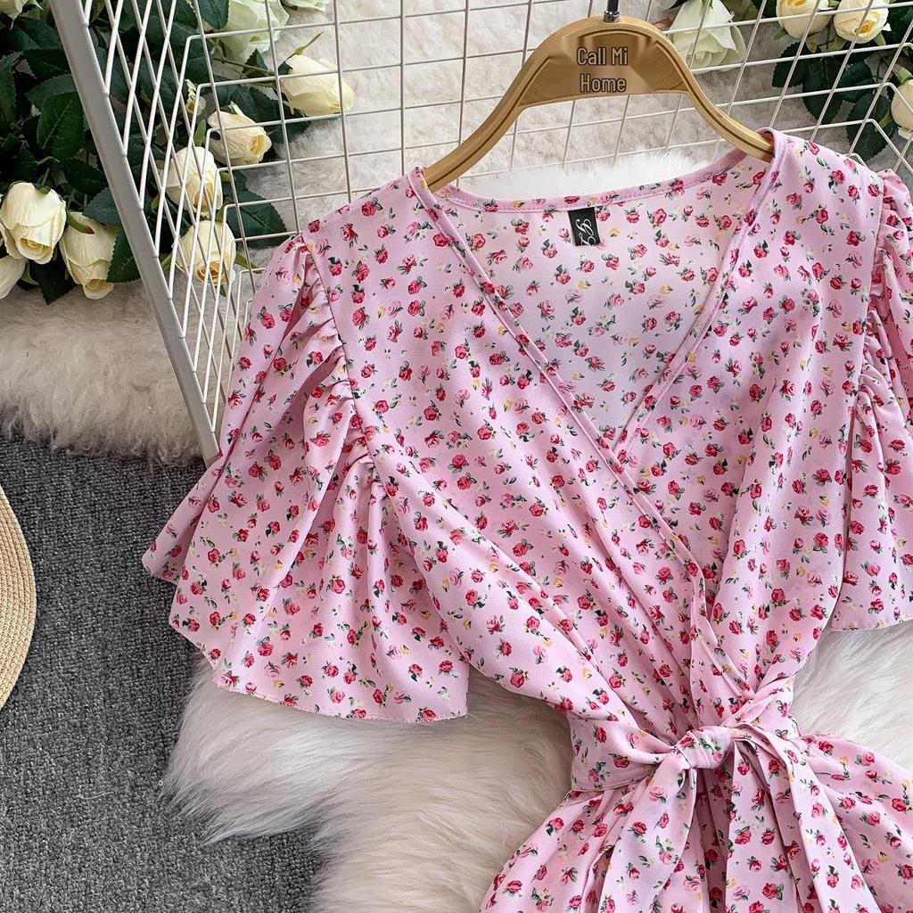 French Sexy Floral V-Neck Short Sleeve Lace-Up Waist Slim Pleated Long Dress