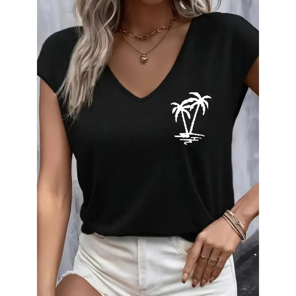 Summer Women's T-shirt Cat Pattern Printing V-neck Short-sleeved Loose Oversized Clothes