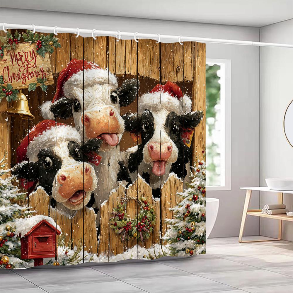 highland cattle Christmas Shower Curtain, Snowflake, Cute, Winter Bathroom Decorative Christmas Shower Curtain, with Hooks