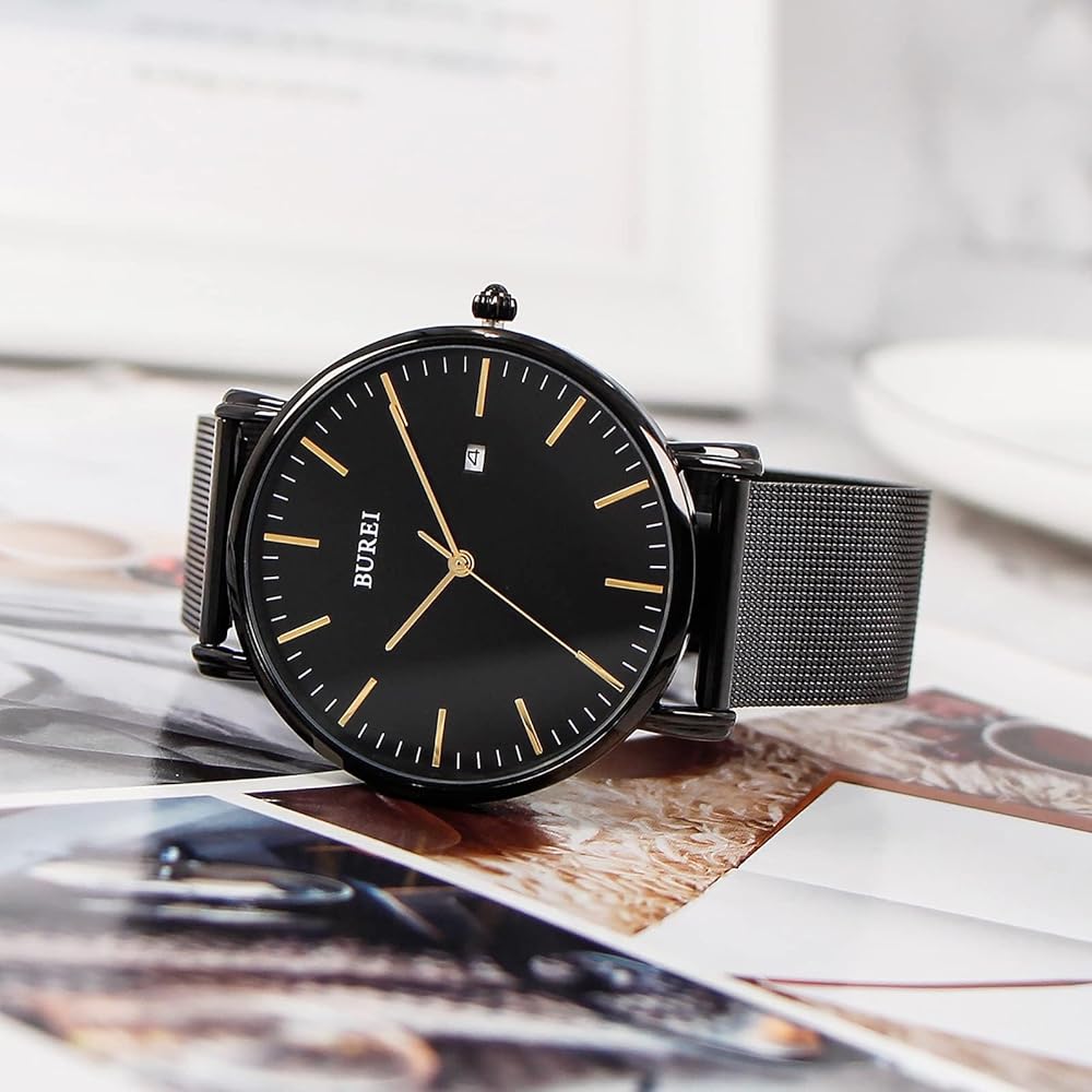 BUREI Men's Analog Watch Black Gold Waterproof Simple Business Milanese Mesh Strap