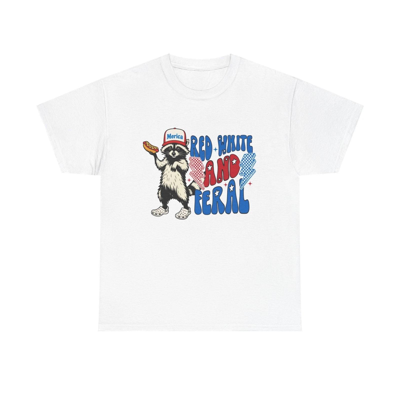 Red White And Feral Funny Graphic T Shirt AMERICA Unisex Heavy Cotton Tee M
