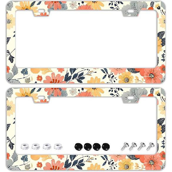 Mounta Cherry Blossom License Plate Frames - 2 Pcs Set 2 Holes Stainless Steel Metal Auto Car Accessories Decoration License Plate Frame Cover Size