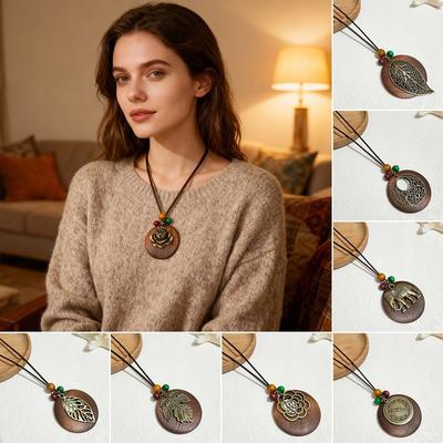 Vintage Boho Sweater Chain Leather Chain Hollow Leaves Clothing Pendant Long Handmade Collar Decoration Ethnic Accessories