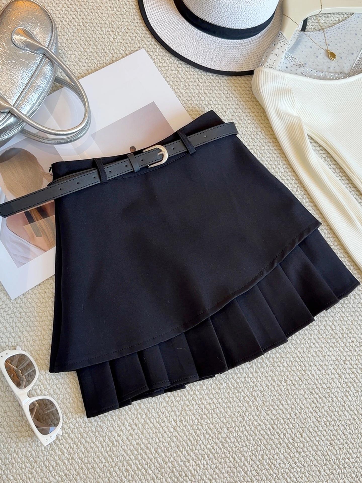 Women s High-Waisted Asymmetrical A-Line Skirt – Spring/Summer Slim Fit, Lined with Pleats. чёрный