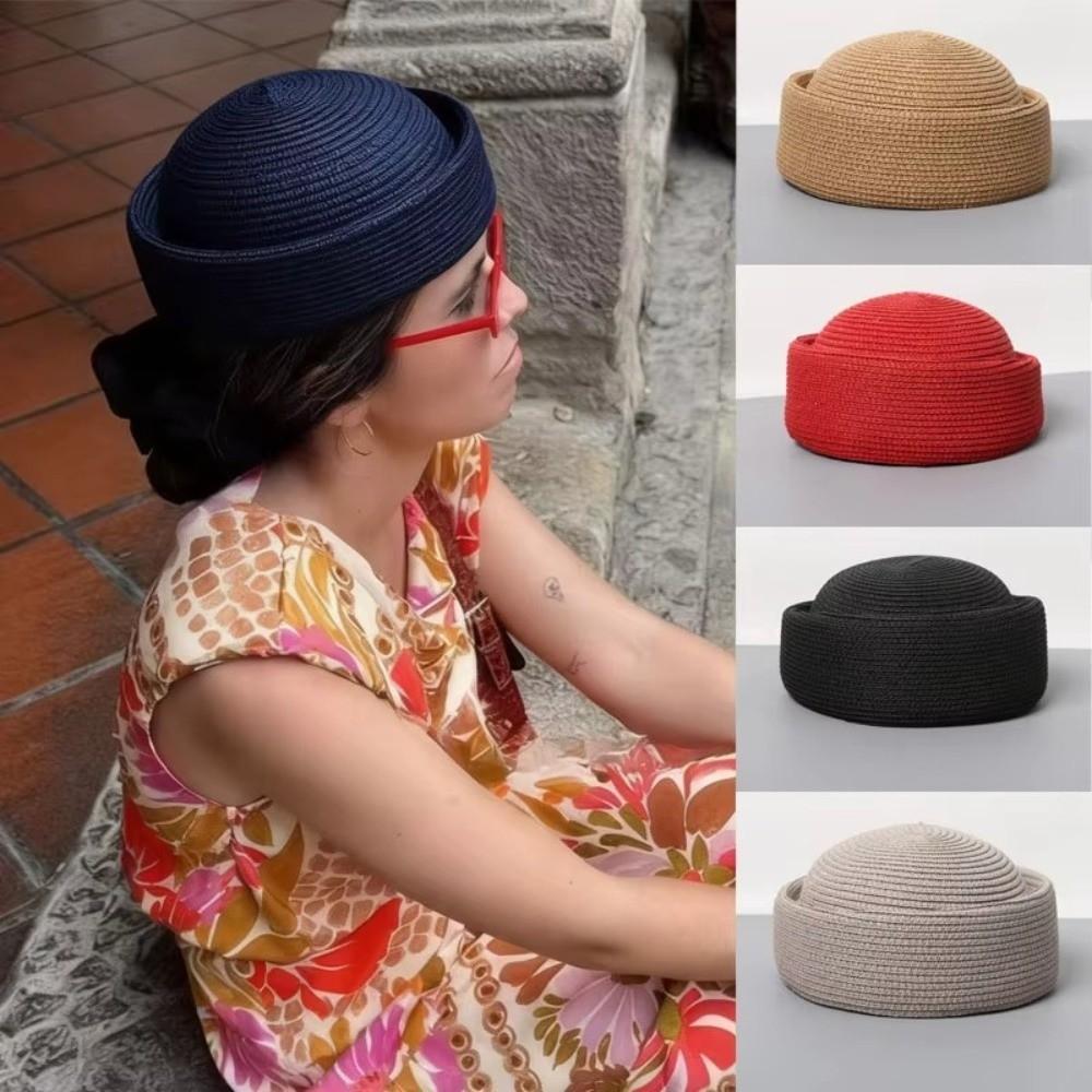 Circle Concave Top Handemad Straw Pillbox Hat Flat Top Straw Sun Hat Pillbox Cap Women Headwear