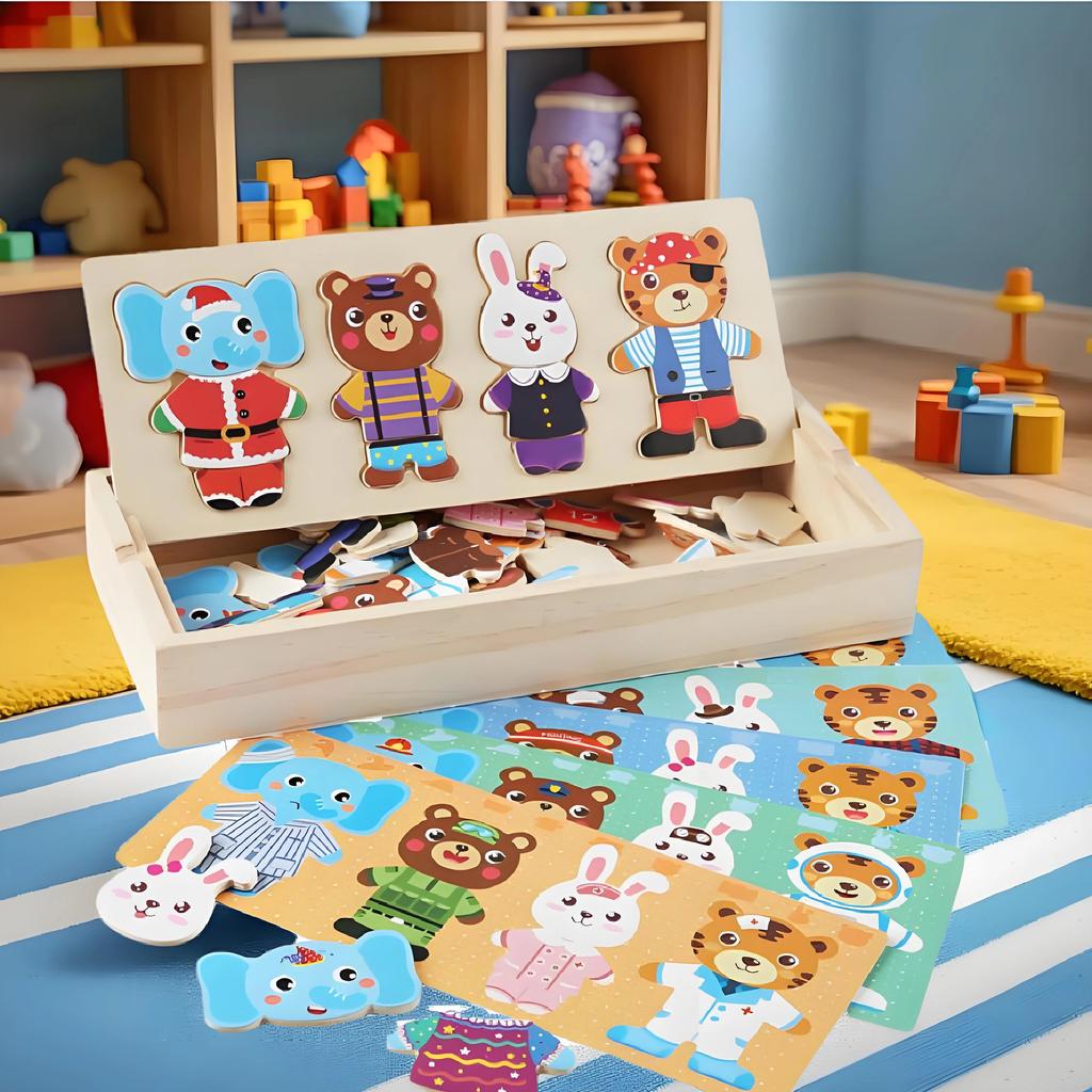 Dřevěné medvědí rodinné oblékací puzzle Montessori vzdělávací hračka Rozvíjí jemnou motoriku Kognitivní schopnosti & Kreativitu Koordinace ruka-oko