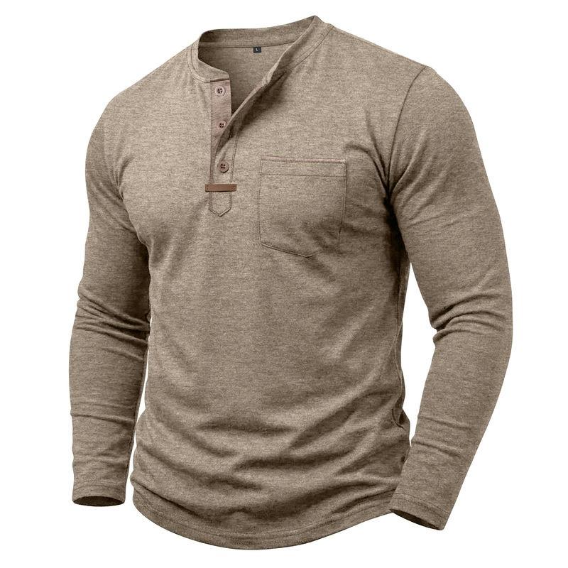 Autumn Winter Mens Henley Long Sleeve T-Shirt Contrast Collar Placket 3 Buttons Chest Pocket Soft Casual Daily Tops