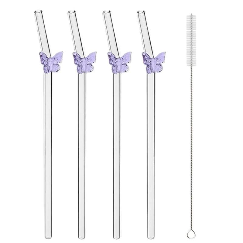 4Pcs Butterfly Straw Pretty Reusable Glass Tube Dishwasher Safety Durable Straws For Smoothie Cocktail Juice Smoothie Drinks