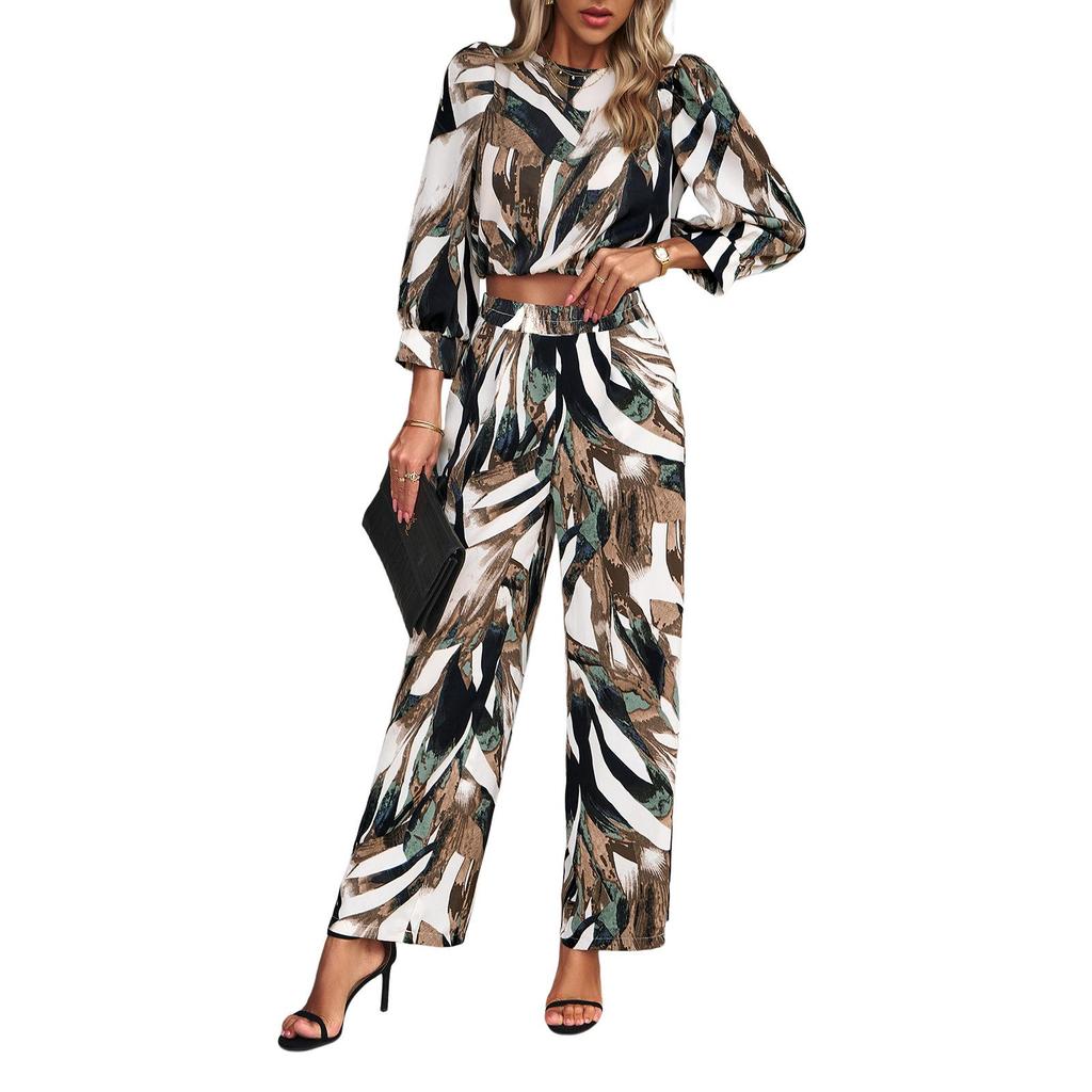 Frauen Herbst Winter Drucken Zwei Stück Set O Hals Langarm Hohe Taille Hose Anzüge