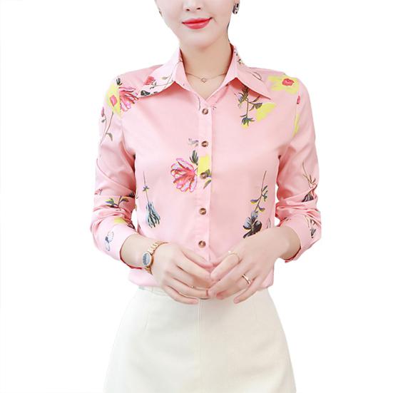 Slim Large Size Floral Fit Print Lapel Casual Button Long Sleeve Shirt Blouse