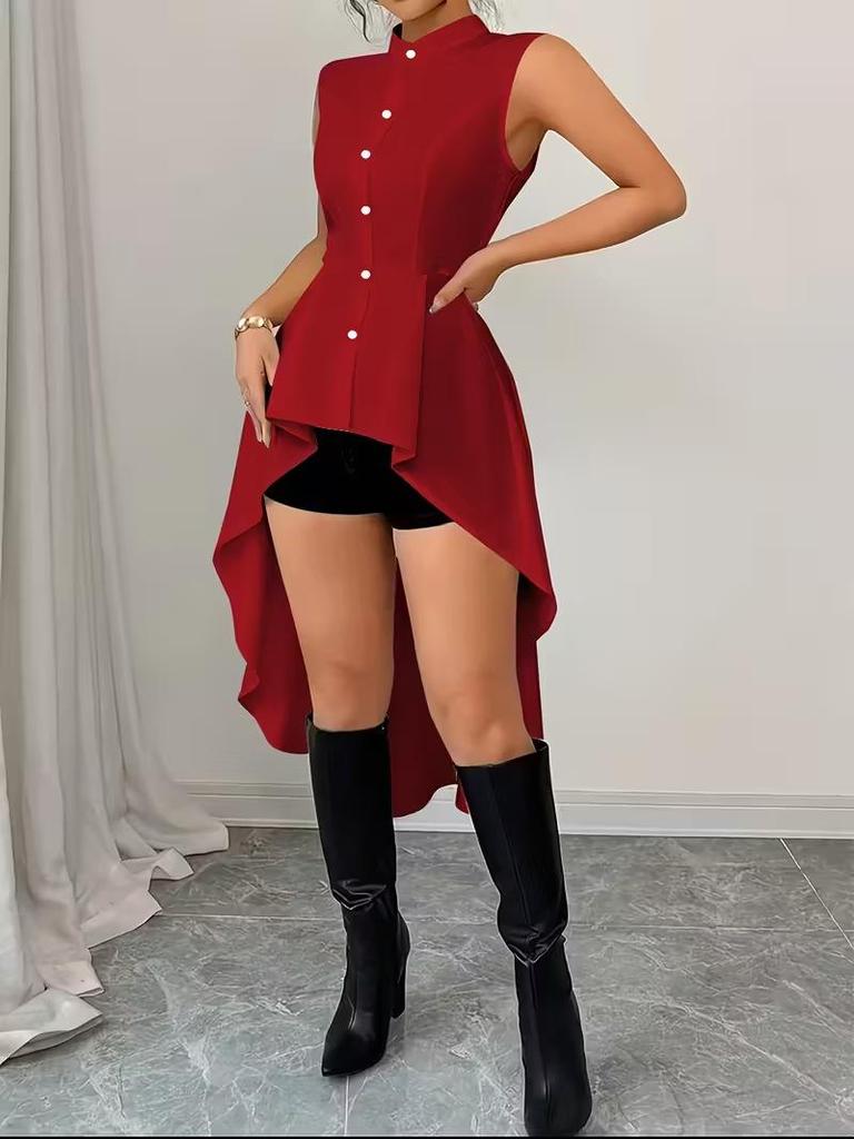 Women's Stand Collar Sleeveless High-Low Hem Shirt with Cinched Waist